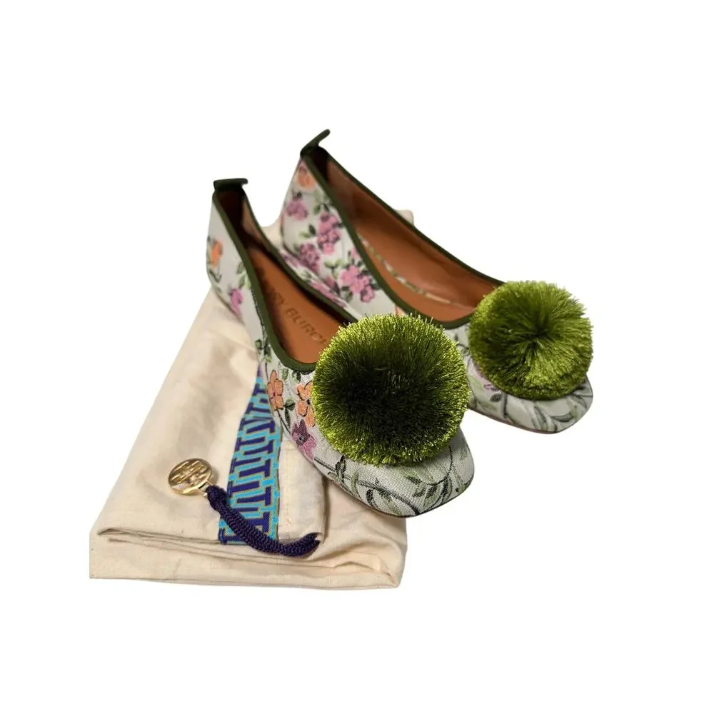 Tory Burch Floral Pom Pom Ballet Flats Size 6M NWOT Canvas Leather Slip On